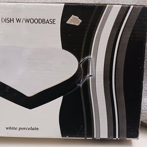 Heart-Shaped White Porcelain Dish with Wood Base